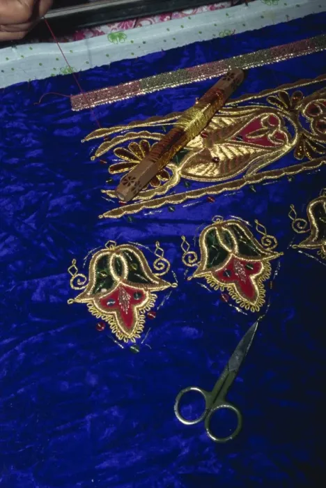 Framed Print : Close-up of gold embroidery work in a factory in Bukhara Framed Print : Close-up of gold embroidery work in a factory in Bukhara