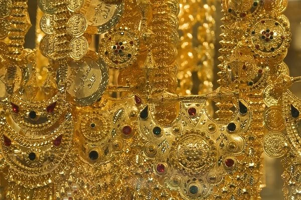 Close-up of gold jewelry in the Gold Souk
