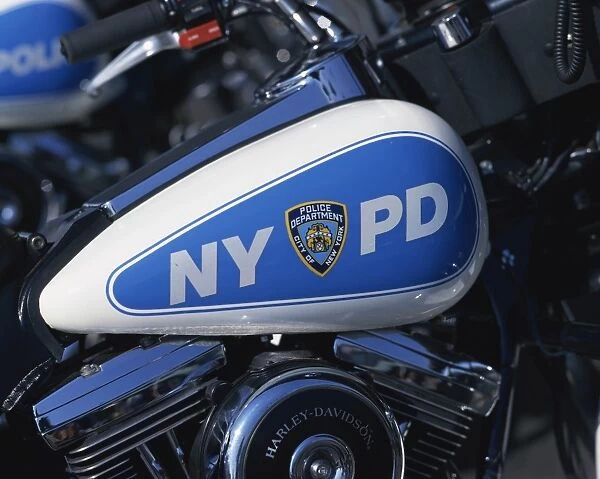 Close-up of Harley Davidson motorcycle with insignia of the City of New York Police Department
