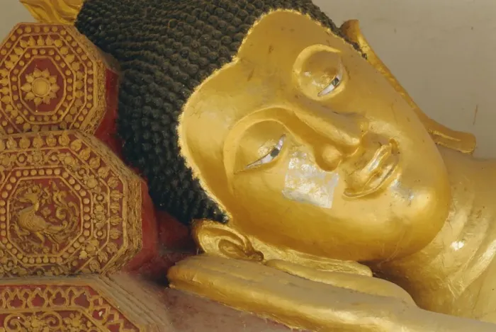 Framed Print : Close-up of head of a reclining Buddha statue Framed Print : Close-up of head of a reclining Buddha statue