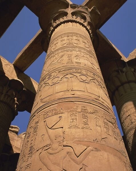 Close-up of hieroglyphs on a stone column in the Great Hypostyle Hall, Temple of Karnak