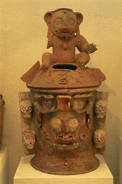 Close-up of a Mayan funerary urn in the Popol Vuh Museum