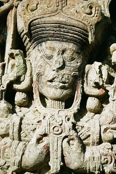 Close-up of Mayan statue, stelae B dating from 731 AD depicting Rabbit 18