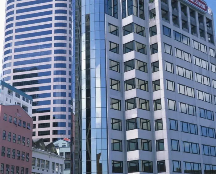Framed Print : Close-up of modern buildings in the downtown area of Framed Print : Close-up of modern buildings in the downtown area of