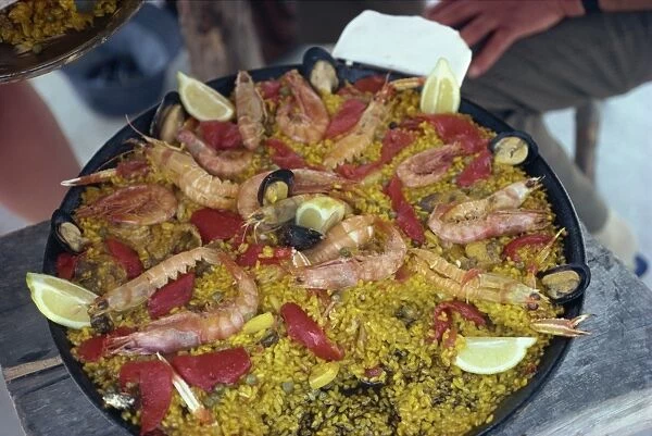 Close-up of a pan of paella