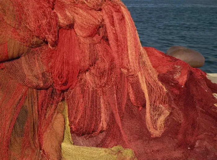 Framed Print : Close-up of a pile of red fishing nets at Port Vendres in Languedoc Roussillon Framed Print : Close-up of a pile of red fishing nets at Port Vendres in Languedoc Roussillon