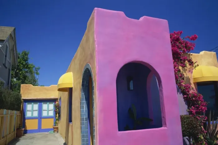 Framed Print : Close-up of pink wall of a colourful house at Pacific Framed Print : Close-up of pink wall of a colourful house at Pacific