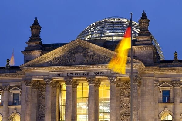 Close-up of the Reichstag at night, Berlin, Germany, Europe