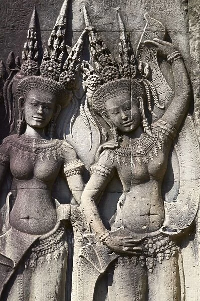 Close-up of relief sculpture of Apsara, heavenly dancer of the Khmer Kingdom