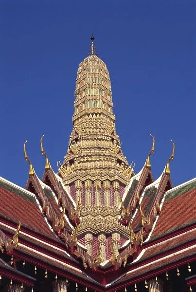 Close-up of the roof and spire on the Grand Palace in Bangkok, Thailand
