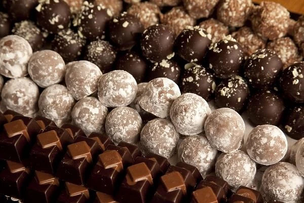Close-up of rows of chocolates in a French cafe, France, Europe