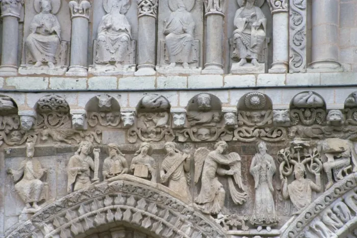 Framed Print : Close-up of sculptures including beasts and angels on the West Front of Eglise Notre Dame la Grande Framed Print : Close-up of sculptures including beasts and angels on the West Front of Eglise Notre Dame la Grande