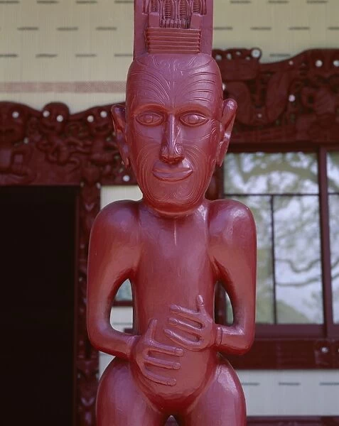 Close-up of statue in entrance to Maori Meeting House