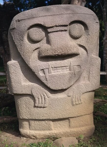 Close-up of statue with sharp teeth in the Archaeological Park at San Augustin in southwest Colombia