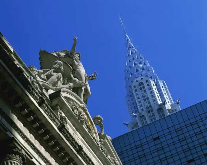Framed Print : Close-up of statues on top of Grand Central Station, with the Chrysler Building in the background Framed Print : Close-up of statues on top of Grand Central Station, with the Chrysler Building in the background