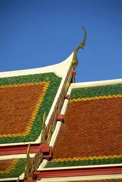 Close-up of the tiles on the roof of the temple of Wat Pho in Bangkok