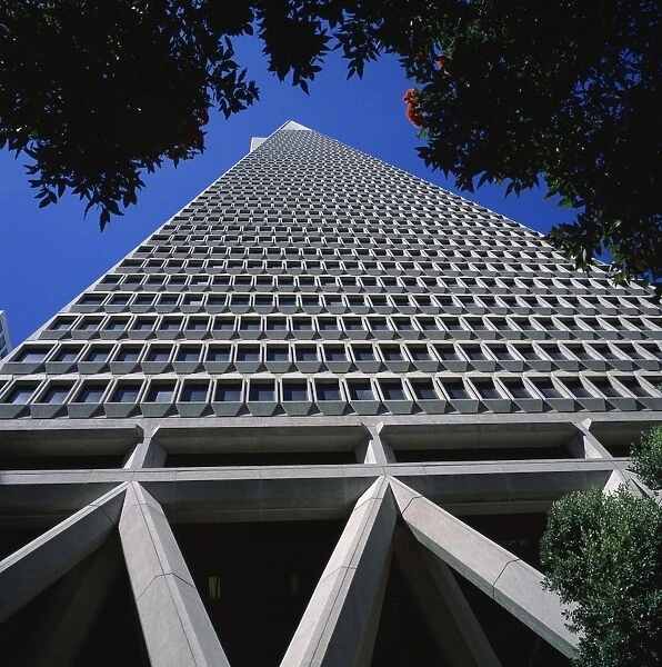 Close-up view looking straight up at the Transamerica Pyramid
