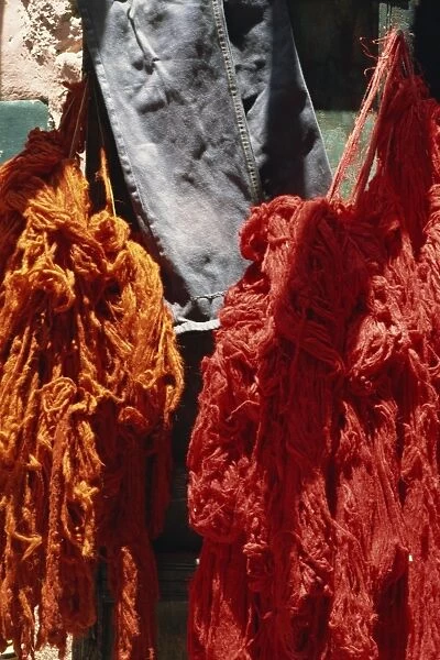 Close-up of wool in the Dyers Souk, Medina, Marrakech, Morocco, North Africa, Africa