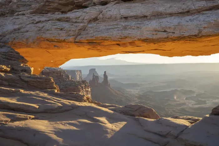 Framed Print : Close up view of canyon through Mesa Arch with glowing arch, Canyonlands National Park