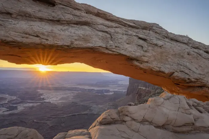 Framed Print : Close up view of canyon through Mesa Arch at sunrise, Canyonlands National Park, Utah Framed Print : Close up view of canyon through Mesa Arch at sunrise, Canyonlands National Park, Utah