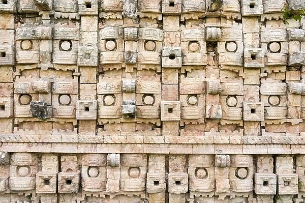 Close up of the wall at the Mayan ruins at El Palacio de los Mascarones (Palace of Masks), Kabah, Yucatan, Mexico, North America