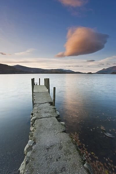 Cloud formation and wooden jetty at Barrow Bay landing, Derwent Water, Lake District National Park