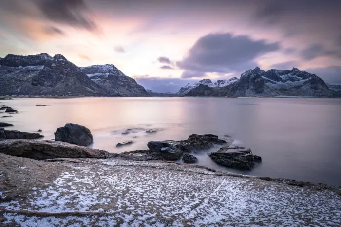 Framed Print : Clouds at dawn over the cold sea and Vareid beach covered with snow, Flakstad, Nordland county, Lofoten Islands, Norway, Scandinavia, Europe Framed Print : Clouds at dawn over the cold sea and Vareid beach covered with snow, Flakstad, Nordland county, Lofoten Islands, Norway, Scandinavia, Europe
