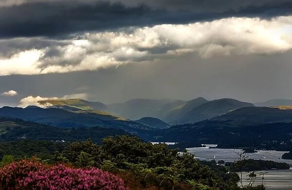 Clouds above Lake Winderemere, view towards the distant Northern Mountains, including the Fairfield Horseshoe, Finsthwaite, Lake District National Park, UNESCO World Heritage Site, Cumbria, England, United Kingdom, Europe