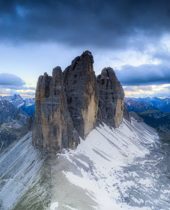 Framed Print : Clouds over the majestic peaks of Tre Cime di Lavaredo, aerial view