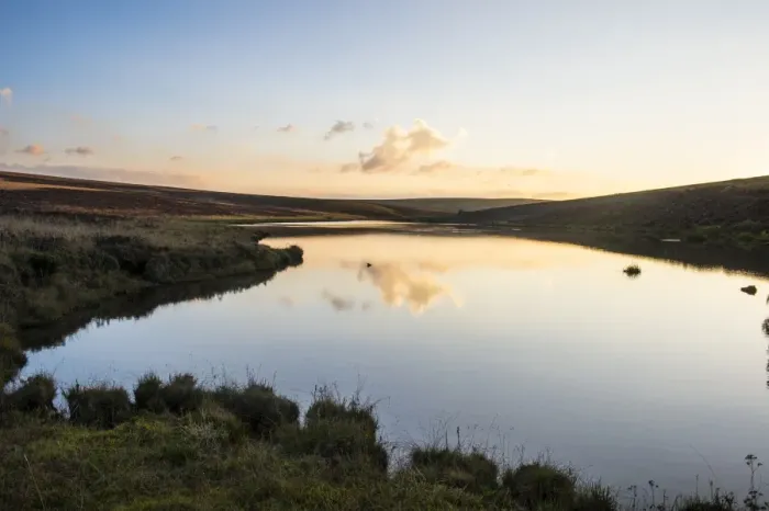 Framed Print : Clouds reflecting in a little lake at sunset, Nyika National Park, Malawi, Africa