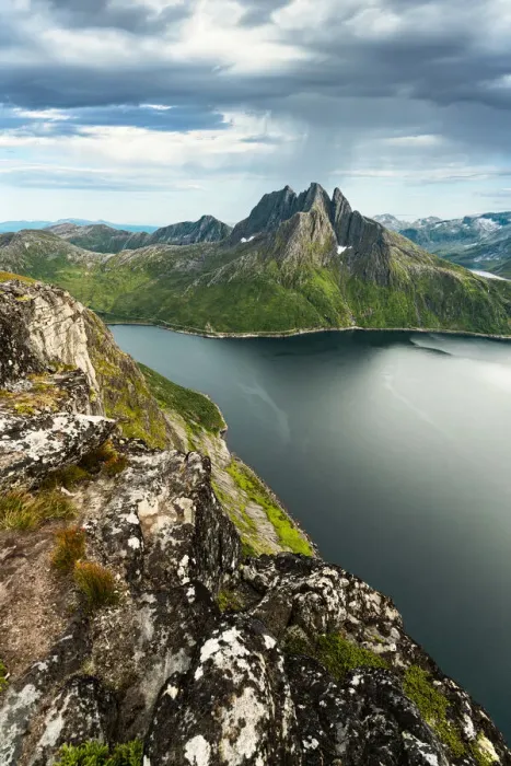 Framed Print : Cloudy sky over the calm water of Mefjord and majestic Breidtinden mountain, Senja island Framed Print : Cloudy sky over the calm water of Mefjord and majestic Breidtinden mountain, Senja island