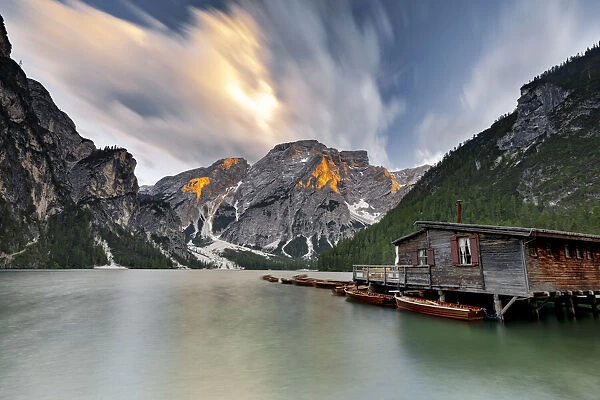 Cloudy sky at sunset over Croda del Becco and Lake Braies (Pragser Wildsee), Dolomites