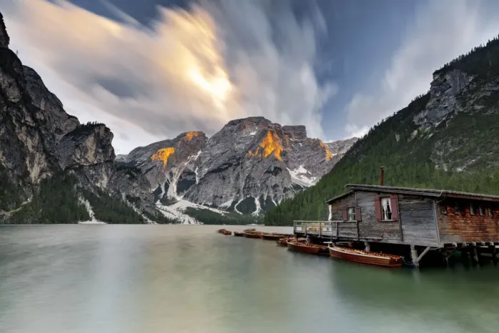 Framed Print : Cloudy sky at sunset over Croda del Becco and Lake Braies (Pragser Wildsee), Dolomites Framed Print : Cloudy sky at sunset over Croda del Becco and Lake Braies (Pragser Wildsee), Dolomites