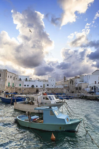 Cloudy sunset in the port of Monopoli, Apulia, Italy, Europe