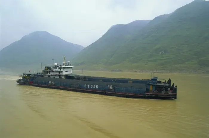 Framed Print : Coal barge on the scenic Three Gorges section of the Yangzi River between Wanxian