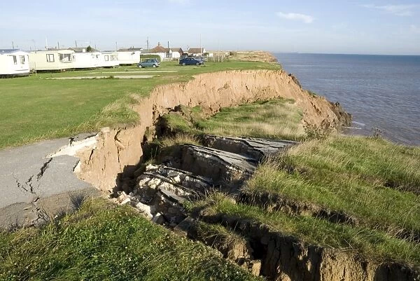 Coast erosion with active landslips in glacial till, Aldbrough, Holderness coast