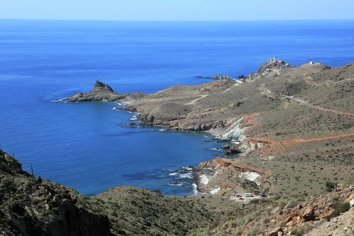Framed Print : Coastal landscape, Cabo de Gata natural park, looking west to the lighthouse, Almeria, Andalusia, Spain, Europe Framed Print : Coastal landscape, Cabo de Gata natural park, looking west to the lighthouse, Almeria, Andalusia, Spain, Europe