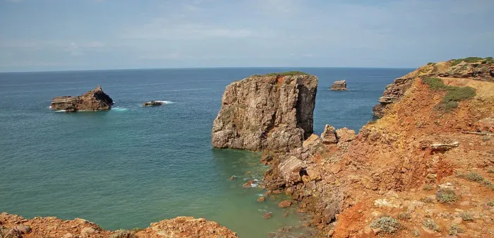 Framed Print : Coastal stacks and stumps, orange coloured crumbling cliffs rise from Atlantic Ocean at Cabo de Sao Vicente (Cape St Vincent), Algarve, Portugal, Europe Framed Print : Coastal stacks and stumps, orange coloured crumbling cliffs rise from Atlantic Ocean at Cabo de Sao Vicente (Cape St Vincent), Algarve, Portugal, Europe