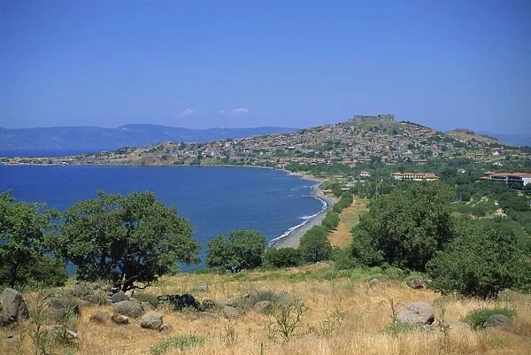 Coastline and bay with the town of Molyvos on a hill