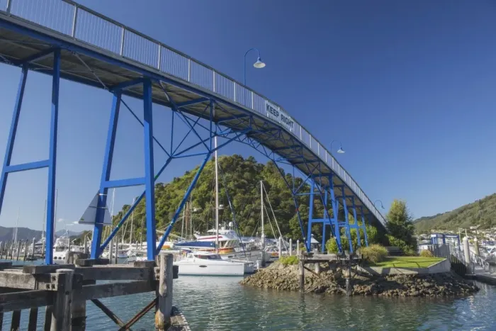 Framed Print : The Coathanger Bridge spanning the marina, Picton, Marlborough, South Island, New Zealand Framed Print : The Coathanger Bridge spanning the marina, Picton, Marlborough, South Island, New Zealand