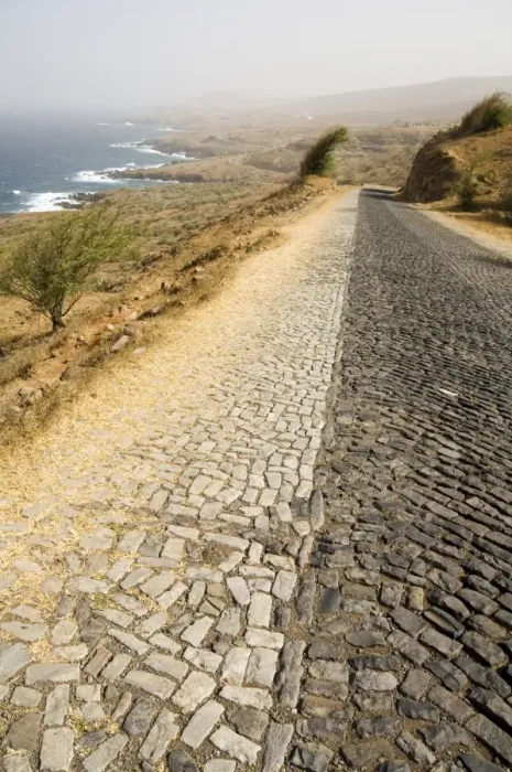 Framed Print : Cobblestone road on north coast of Santiago, Cape Verde Islands, Atlantic Ocean, Africa Framed Print : Cobblestone road on north coast of Santiago, Cape Verde Islands, Atlantic Ocean, Africa