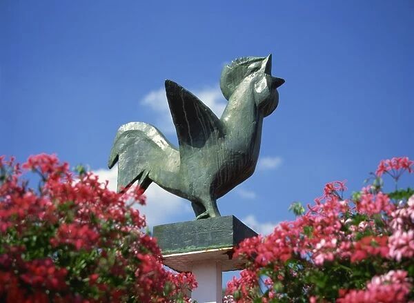 Cockerel sculpture representing the famous Volailles de Bresse, near Bourg en Bresse