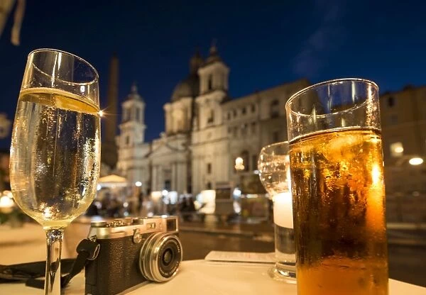Cocktails on a restaurant table, Piazza Navona, Rome, Lazio, Italy, Europe