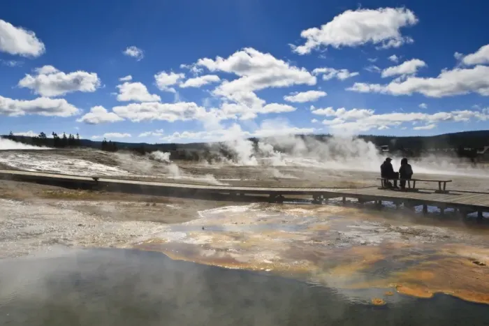 Framed Print : Cold tourists on seat surrounded by steam, Upper Geyser Basin, Yellowstone National Park, UNESCO World Heritage Site, Wyoming, United States of America, North America Framed Print : Cold tourists on seat surrounded by steam, Upper Geyser Basin, Yellowstone National Park, UNESCO World Heritage Site, Wyoming, United States of America, North America