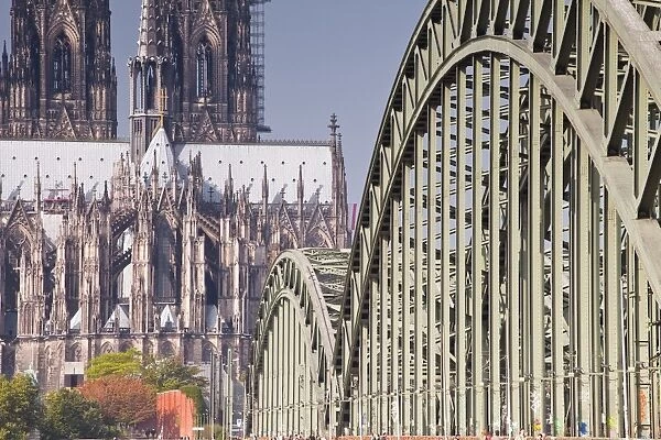 Cologne Cathedral (Dom) and bridge across the River Rhine, Cologne, North Rhine-Westphalia, Germany, Europe
