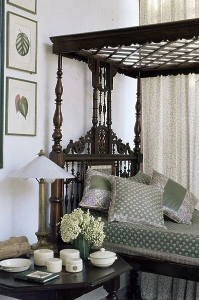 Colonial style four poster bed and antique enamel ware