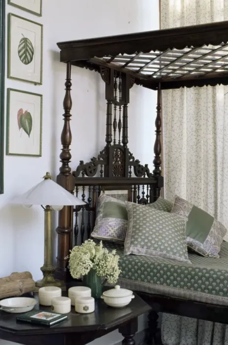Framed Print : Colonial style four poster bed and antique enamel ware Framed Print : Colonial style four poster bed and antique enamel ware
