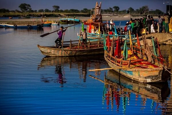 Colorful boats at the Holi Festival, Vrindavan, Uttar Pradesh, India, Asia