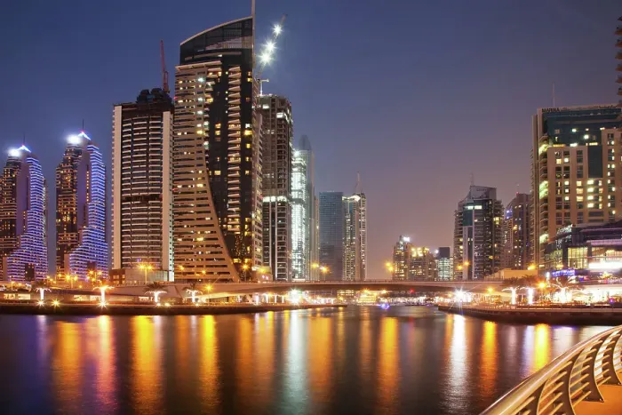 Framed Print : Colorful evening on canal and promenade in Dubai Marina, Dubai, United Arab Emirates Framed Print : Colorful evening on canal and promenade in Dubai Marina, Dubai, United Arab Emirates