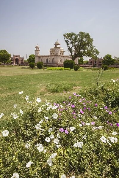 Colorful flowers bloom in the garden Chahar Bagh, site of tombs built during the